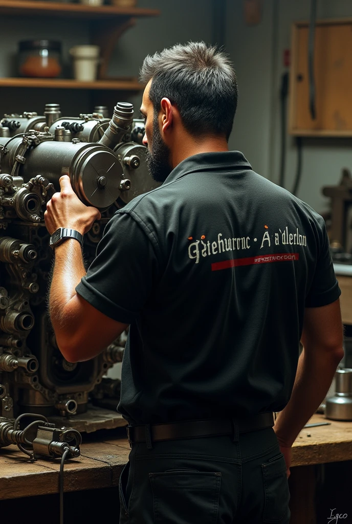 A 1 man with his back turned, He is a mechanic and is building an engine., On his back he has the name Gilberto on his black shirt