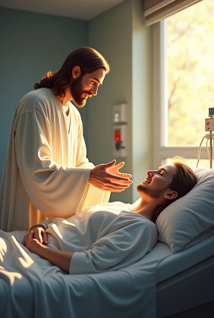 A serene and comforting scene of Jesus visiting a person in a hospital. Jesus is depicted with a gentle, compassionate expression, wearing traditional robes and a soft glow surrounding Him, indicating His divine presence. The patient is lying in a modern hospital bed, connected to medical equipment, with a peaceful look on their face, feeling comforted by the presence of Jesus. The room is softly lit, with some medical equipment in the background, and a window showing a glimpse of a sunny day outside.