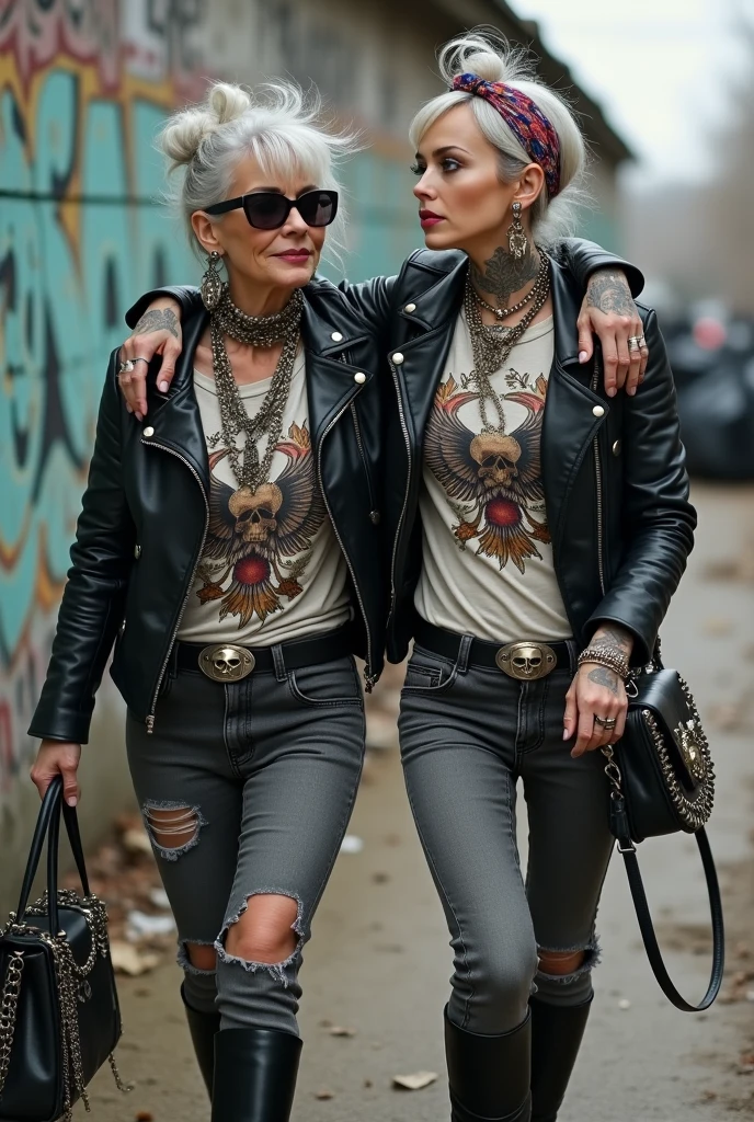 Two russian old milf women,  one with the arm over the shoulder of the other. grey hair (one: bouffant, top bun. The other, straight and middle part}and one wearing oversized square sunglasses and wide  colourful bandana as headband), with very light green eyes, extremely pale. Big lips. No tan. Wearing aged black moto jacket (zippers on the side, skull and bones pins).  Both: same old worn cropped t-shirt with spread wings eagle holding a oak leaves garlandlogo. Both,, dark skinny low rise grey jeans with holes on knees ( patched with colourful fabric). Both:,  dark grey worn jeans {with holes on knees) tucked in black leather knee high boots. . Lots of thick wide studded bracelets, chain collars and big rings. Both, high boots. Tacky wide studded leather belt with big skull and bones oval buckle. Long earrings with chains and feathers. Walking with hands in pockets, stretching her neck, craving., Neck, chest, stomach and wrists heavily tattoed. Toned abdominals, thin neck, slim legs and thin arms. Narrow hips and slim legs.  Black leather studded tote bags. Graffitied wall behind, waste on the groun and piled garbage bags around.