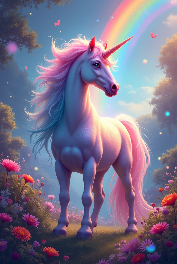 A very colorful unicorn with a detailed background in a garden with rainbows 