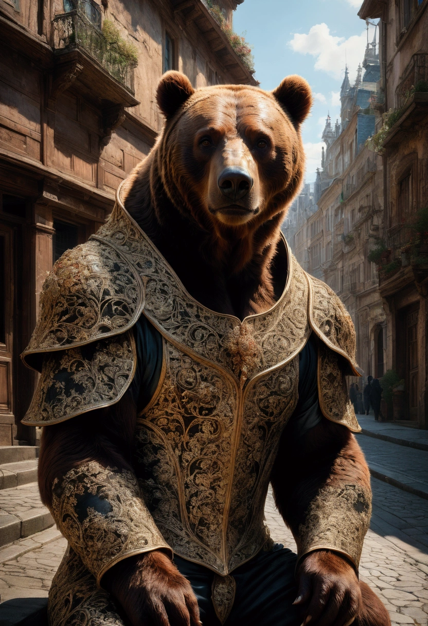 Brown Bear, centered head and shoulder face portrait of a Rococo Gothic filigree brown bear standing on a street, hyperdetailed photoillustration van Gogh Cinema 4D Oil painting Huang Guanjian finalRender lifelike Greg Rutkowski ismail Inceoglu Todd McFarlane Gustave Doré 16K resolution Unreal Engine 5 3D shading Alphonse Mucha Dan Witz hyperdetailed, masterpiece, best quality, very aesthetic, absurdres