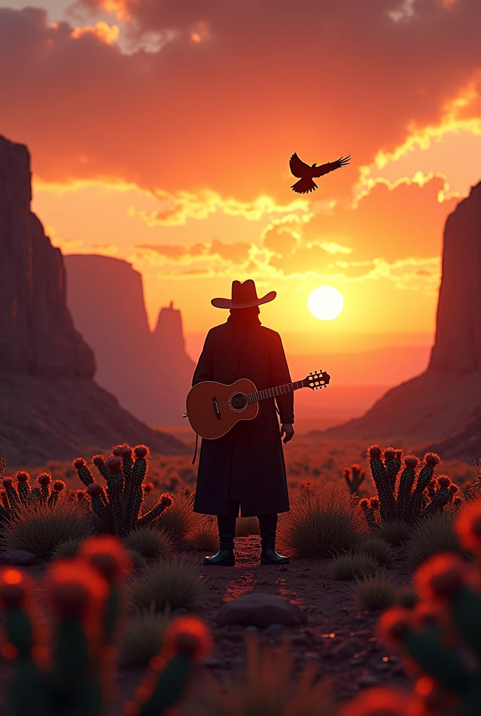 A sunset in Canyonlands National Park; Moab, crows, cactus in bloom, spectacular sky and sunset, cinematographic quality, very detailed landscape. intricate details, HdR, beautifully filmed, Hyper realistic, sharp focus, megapixels, perfect composition, high contrast, cinematographic, atmospheric, moody. Detailed matte paint, deep color, Fantastic, intricate detail, splash screen, complementary colors, Fantasy concept art, 8k resolution is trending in Artstation Unreal Engine 5, And out comes a cowboy with a blurry face and a hat with a guitar