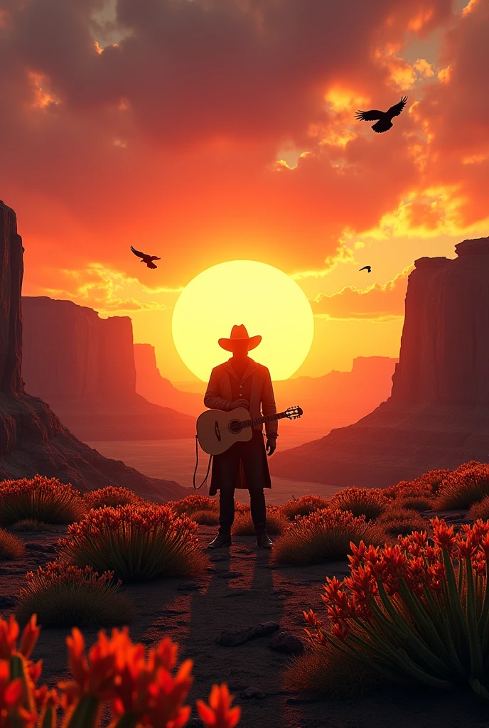 A sunset in Canyonlands National Park; Moab, crows, cactus in bloom, spectacular sky and sunset, cinematographic quality, very detailed landscape. intricate details, HdR, beautifully filmed, Hyper realistic, sharp focus,  megapixels, perfect composition, high contrast, cinematographic, atmospheric, moody. Detailed matte paint, deep color, Fantastic, intricate detail, splash screen, complementary colors, Fantasy concept art, 8k resolution is trending in Artstation Unreal Engine 5, And out comes a cowboy with a blurry face and a hat with a guitar