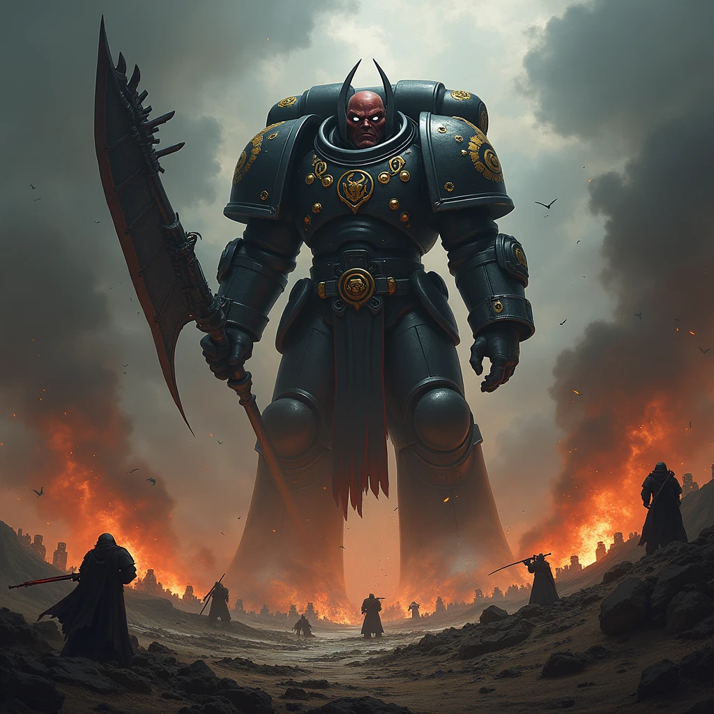 A cover with the name Dark Code, Abaddon the despoiler destroying the planet Cadia with the black ship Warhammer 4k