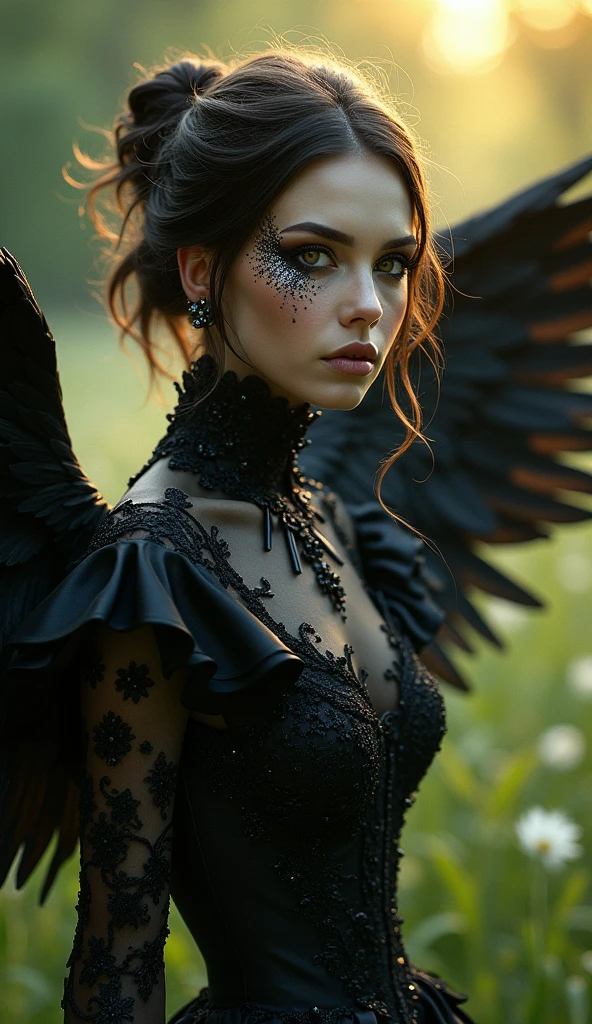 Haute_Couture  Dark angel, Realistic Photo portrait, backlight, Haute couture, professional photo, insanely detalied, Beautiful, meadow background, swirling glitter, digital painting, highly detailed, filigree, intricated, intricated pose, clarity, high quality,