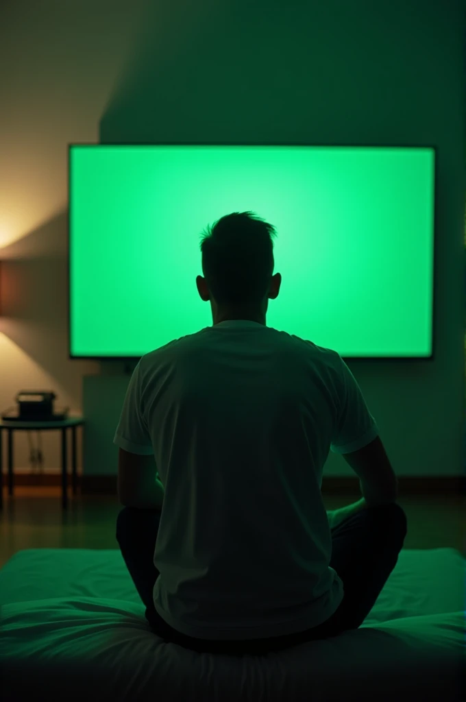 Man watching test match in tv green lights in room wearing test kit name behind zuhaib