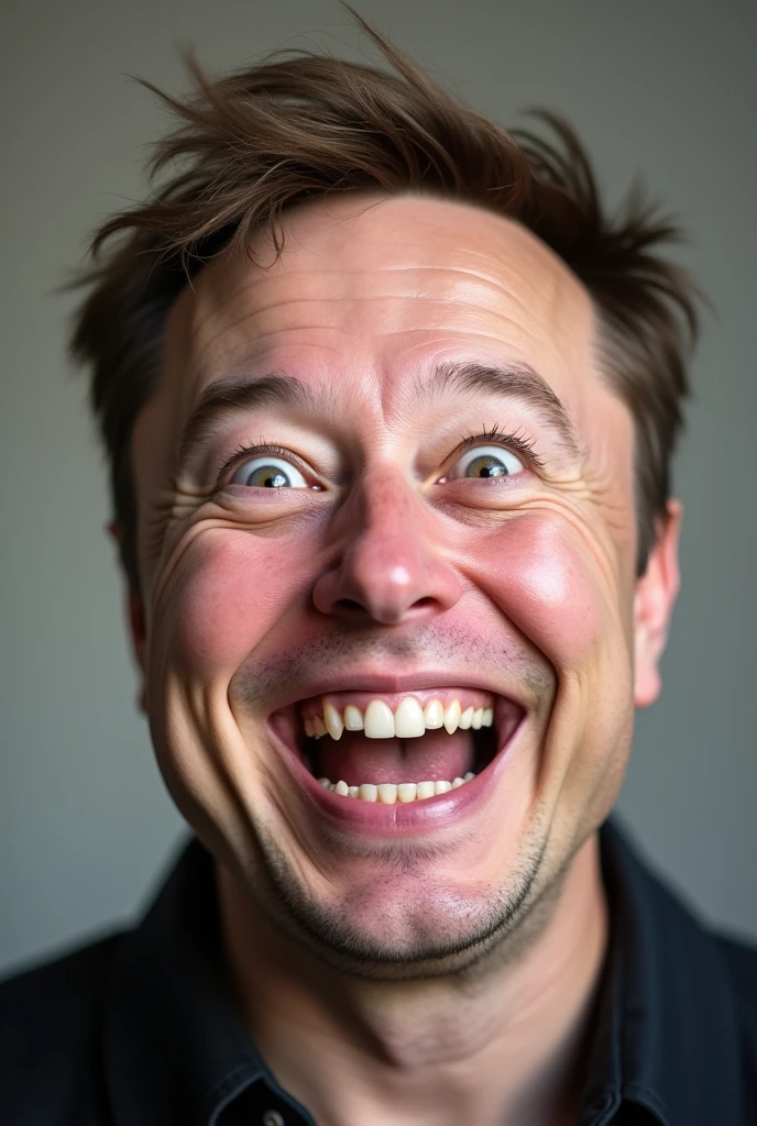 In a candid snapshot, Elon Musk's face lights up in genuine surprise, a wide smile revealing his joy. His piercing eyes sparkle with excitement, and a hint of mischief plays on his lips. The high-resolution photograph captures every fine detail, from the subtle crinkles around his eyes to the slight dimple in his cheek. Musk's tousled hair adds to the charm of the image, giving him a relatable, approachable air. This professionally shot photograph exudes warmth and authenticity, making viewers feel as if they are sharing a lighthearted moment with the renowned entrepreneur.