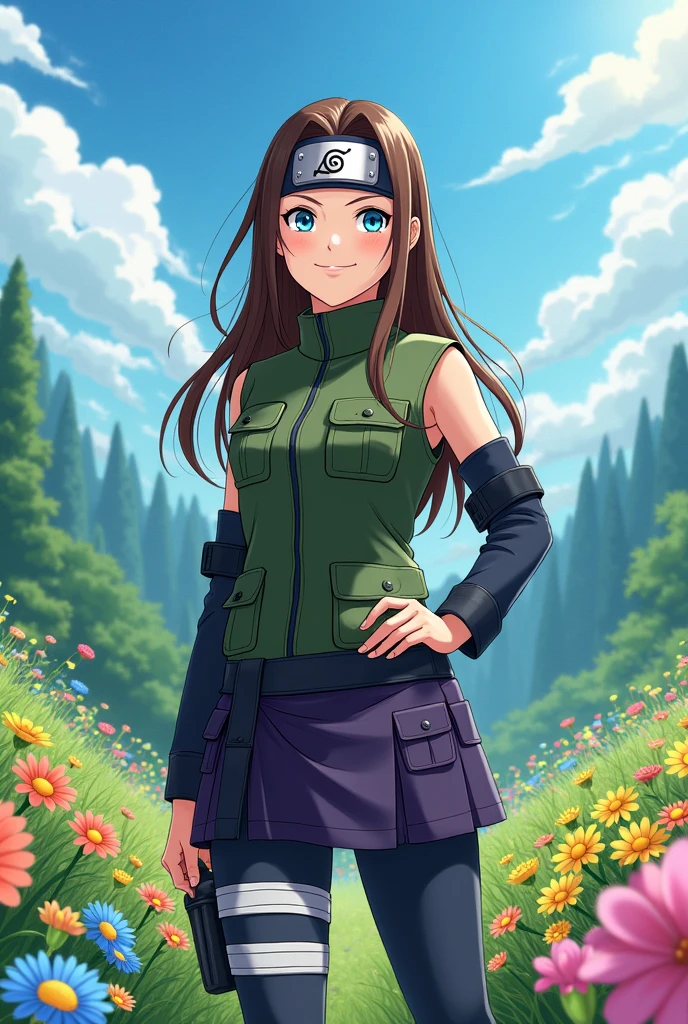 Create the following anime style image: Is a woman, brown hair, long and loose and turquoise blue eyes, His outfit is the uniform of the joūnin of the Naruto universe, that is to say: Dark blue pants, Dark blue sleeves and dark green vest with compartments, a dark purple short skirt over her pants and the ninja headband with the symbol of the leaf village tied around her neck. The girl is standing in a valley full of flowers and smiling happily