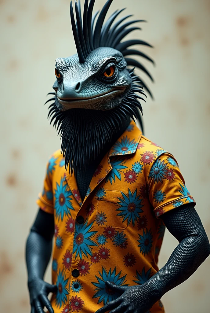 black lizard with a Brazilian shirt and a mohawk and a beautiful beard
