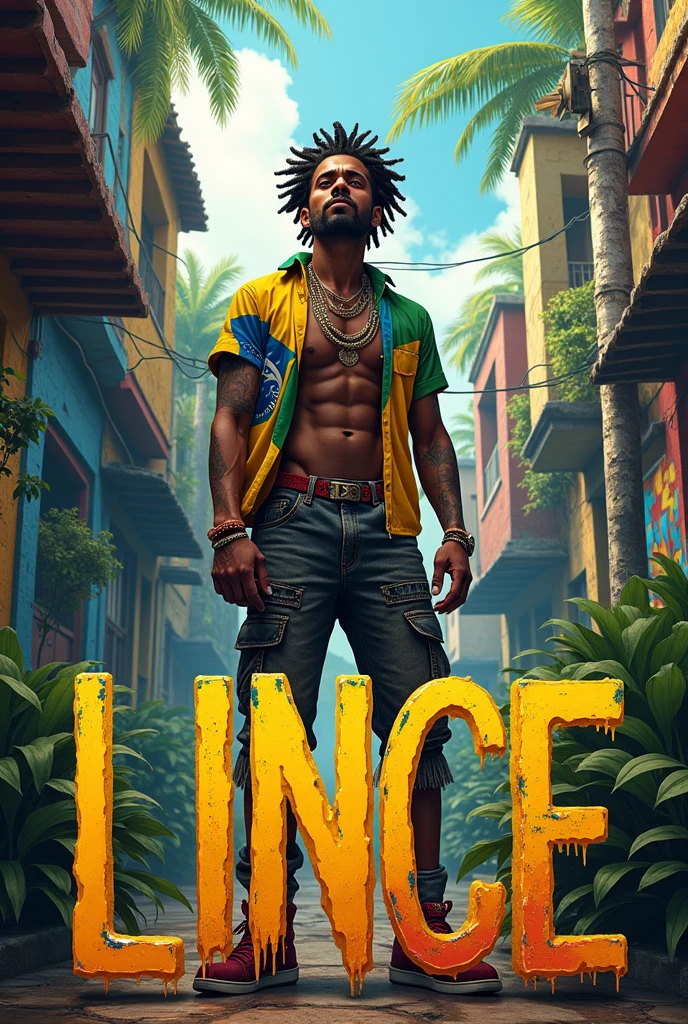 create an image of the Brazilianness of Brazil and its characteristics that contains a writing called LINCE in melted streetwear font
