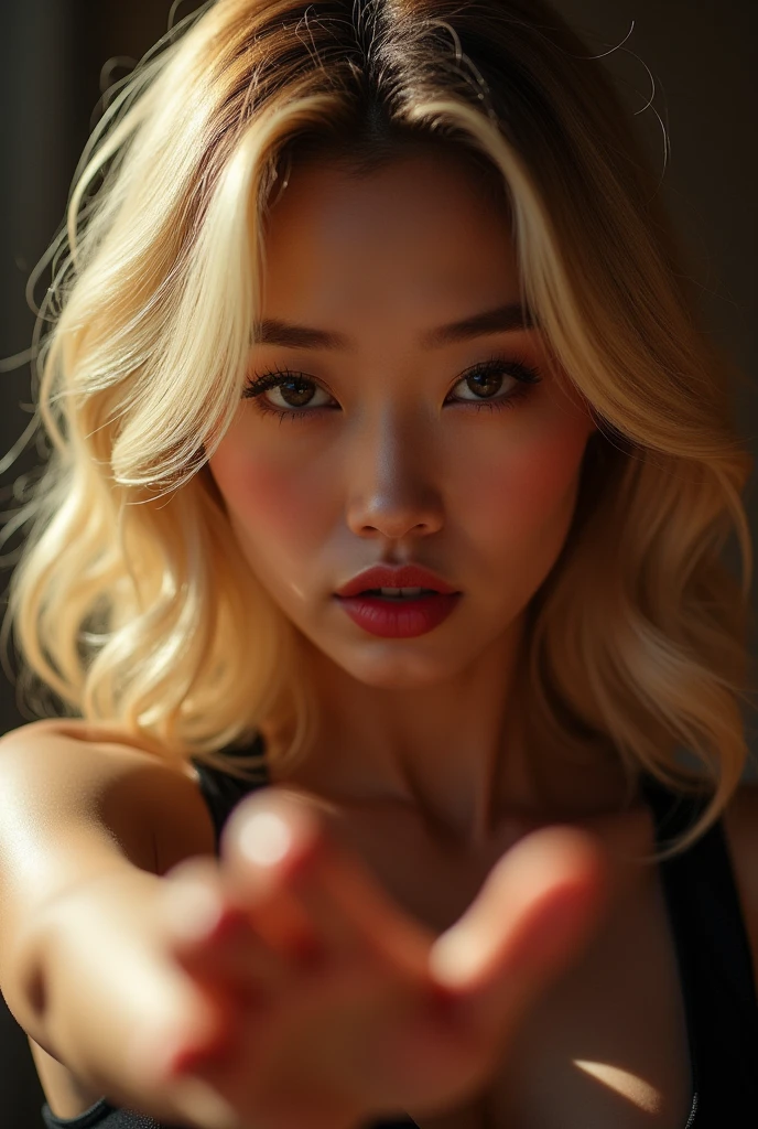 a beautiful sexy asian woman, blonde hair, seductive, dominant, leaning forward, looking down at viewer, reaching hand towards viewer's neck, photorealistic, hyper detailed, cinematic lighting, dramatic angle, vivid colors, 8k, best quality