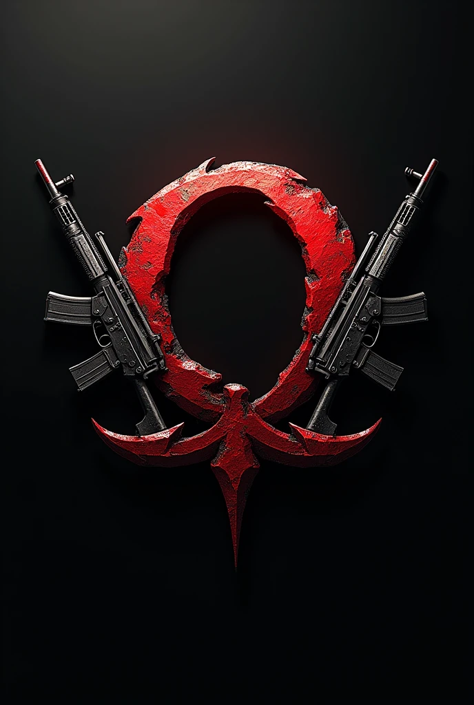 A logo that has the letter O that has red color, black and white, with the theme of God of War with classic weapons from call of duty