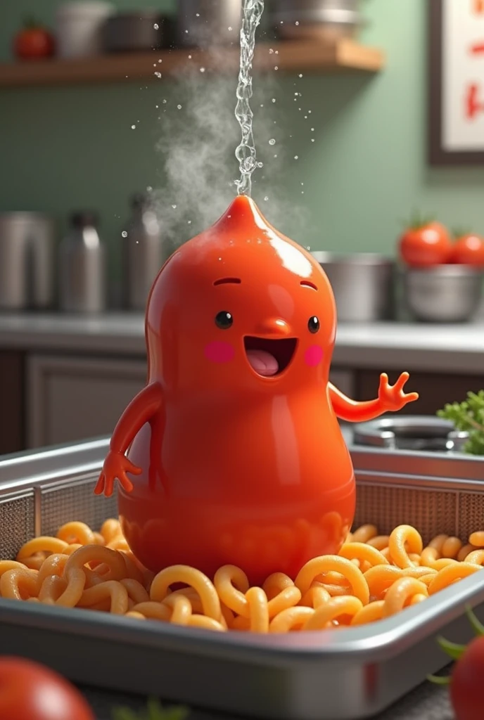 adding water to a fryer that has cute animated tomato sauce but no face