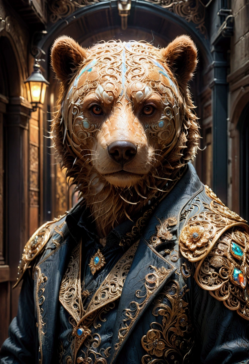Brown Bear, centered head and shoulder face portrait of a Rococo Gothic filigree brown bear standing on a street, hyperdetailed photoillustration van Gogh Cinema 4D Oil painting Huang Guanjian finalRender lifelike Greg Rutkowski ismail Inceoglu Todd McFarlane Gustave Doré 16K resolution Unreal Engine 5 3D shading Alphonse Mucha Dan Witz hyperdetailed, masterpiece, best quality, very aesthetic, absurdres