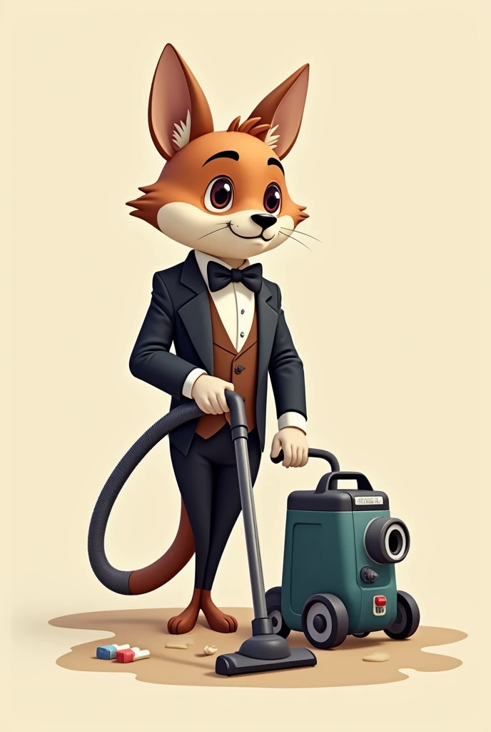 A CARTOON OF A MALE ANIMAL WITH A BUTLER&#39;S FACE CLEANING WITH A VACUUM CLEANER SHOWING A TRUSTWORTHY PERSONALITY WITH NO BACKGROUND IN THE IMAGE