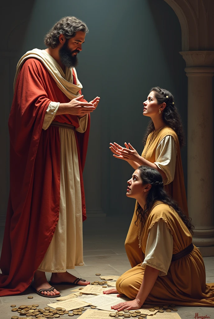 A dramatic 2D Biblical scene with Peter standing, arm outstretched, confronting a couple (Ananias and Sapphira) who look shocked and fearful. Peter's face should be stern and authoritative. Include piles of coins and property deeds scattered at their feet.