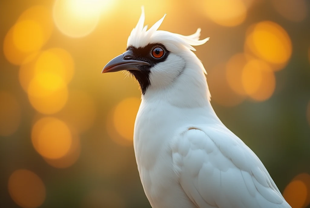 A mesmerizing close-up portrait of a gorgeous Bali myna illuminated by the soft, golden light of a tranquil morning, detailed background with vibrant bokeh balls gently framing its delicate form. 