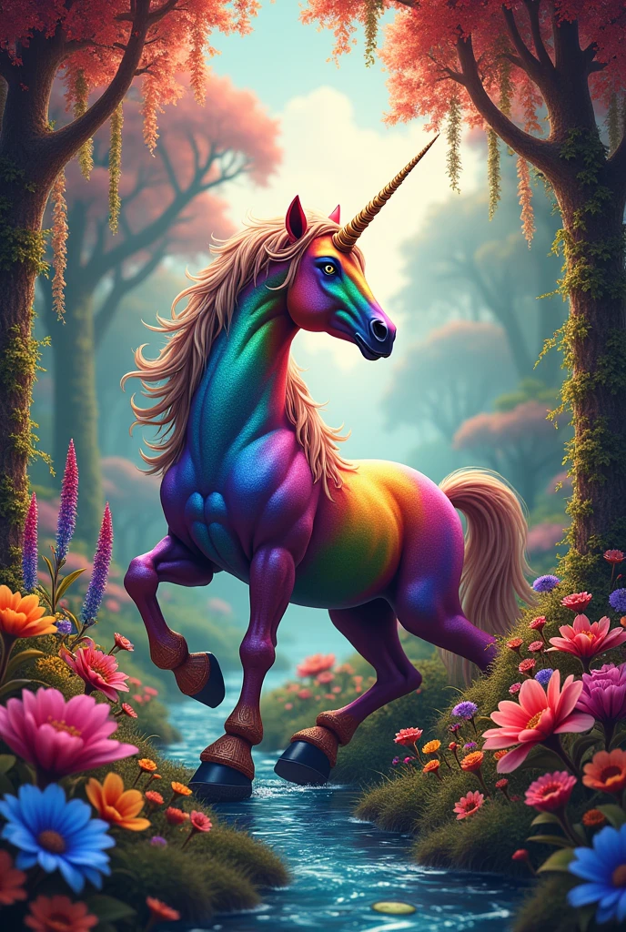 A very colorful and spoiled unicorn with a detailed background in a rainbow garden