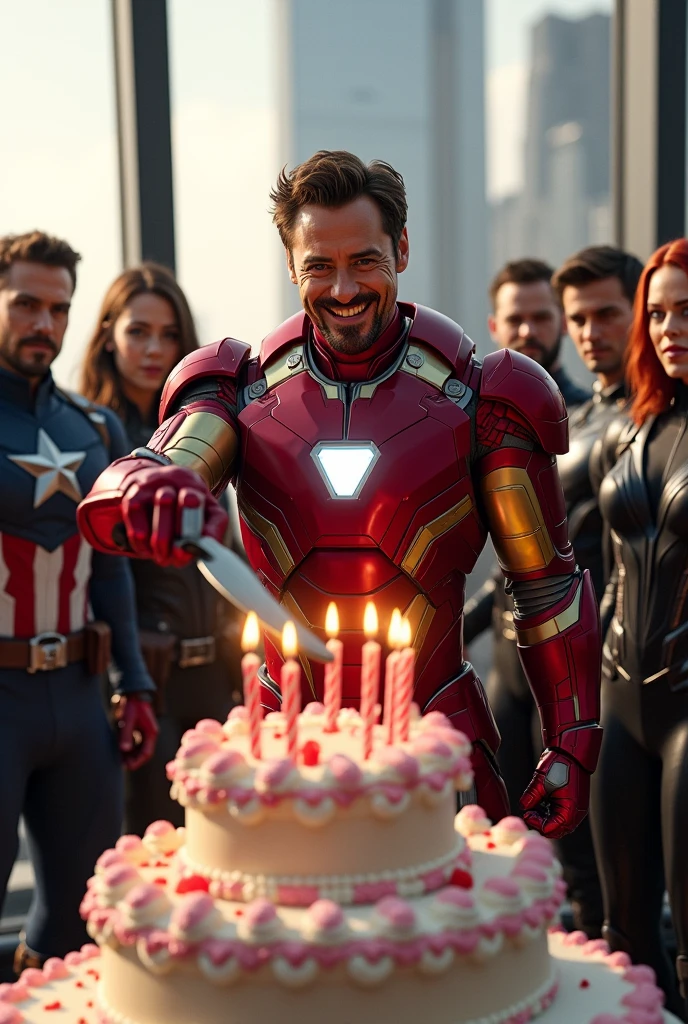 RDJ Iron man cutting his big birthday cake at top of avengers tower with all avengers members
With smiling face
