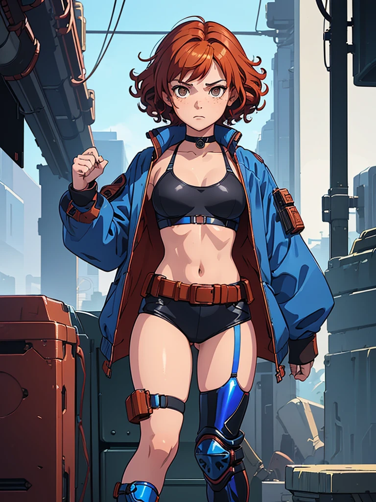 (masterpiece), (best quality), (1girl), (adult), (copper red hair), (curly hair), (short hair),  body figure, (small breasts) , (brown eyes), freckles, (blue cyberpunk outfit), (blue jacket),( blue battle outfit),(badass outfit),black shirt, boots, black choker, legs, (white knee guards) 