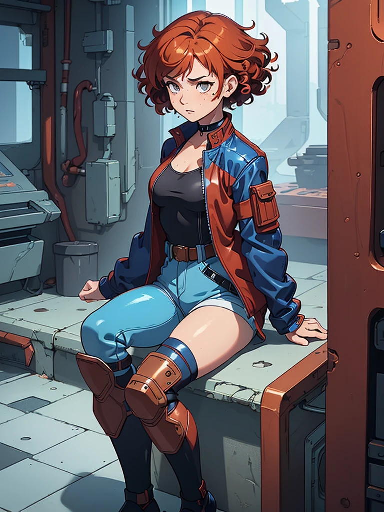 (masterpiece), (best quality), (1girl), (adult), (copper red hair), (curly hair), (short hair), body figure, (small breasts) , (brown eyes), freckles, (blue cyberpunk outfit), (blue jacket),( blue battle outfit),(badass outfit),black shirt, boots, black choker, legs, (white knee guards)