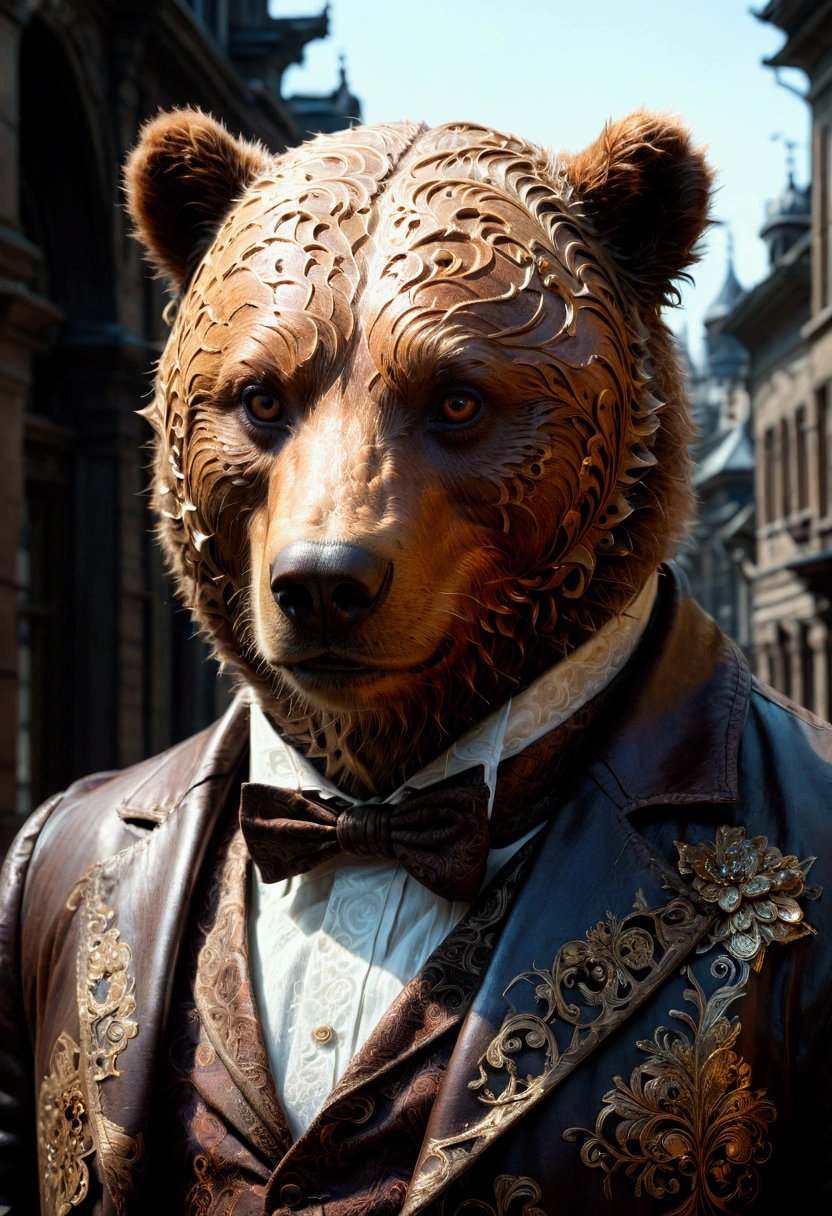 Brown Bear, centered head and shoulder face portrait of a Rococo Gothic filigree brown bear standing on a street, hyperdetailed photoillustration van Gogh Cinema 4D Oil painting Huang Guanjian finalRender lifelike Greg Rutkowski ismail Inceoglu Todd McFarlane Gustave Doré 16K resolution Unreal Engine 5 3D shading Alphonse Mucha Dan Witz hyperdetailed, masterpiece, best quality, very aesthetic, absurdres