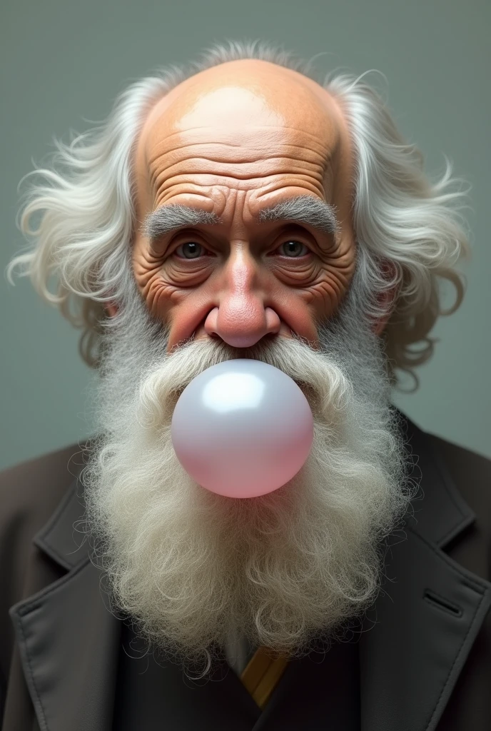 Create image of Charles Darwin, photo realist, chewing gum, Darwin looking happy and serene, large, translucent chewing gum