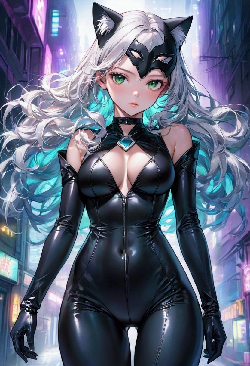 ((Sydney Sweeney)) ((very Sexy)) Create a hyper-realistic digital illustration of Black Cat / Felicia Hardy from Marvel Comics. Depict her in a confident, alluring pose, facing the viewer. Her signature platinum white hair should cascade in voluminous waves around her face and shoulders, with a few strands caught in an imaginary breeze. Dress her in a sleek, black leather catsuit with a plunging neckline trimmed in white fur. The suit should hug her curvaceous figure, emphasizing her athletic build. Include her iconic black domino mask, which accentuates her striking green eyes and full, slightly parted lips. Accessorize with a black choker featuring a silver medallion, and long, white gloves that contrast with the dark suit. Capture the glossy texture of the leather and the soft fluffiness of the fur trim. Set the background as a blurred, neon-lit cityscape at night, with vibrant teals and purples creating a cyberpunk atmosphere. Use dramatic lighting to highlight the contours of her face and body, creating depth and dimensionality. The art style should blend photorealistic rendering techniques with subtle comic book influences, particularly in the dramatic poses and expressions. Pay attention to small details like individual strands of hair, the reflection in her eyes, and the play of light on different textures.