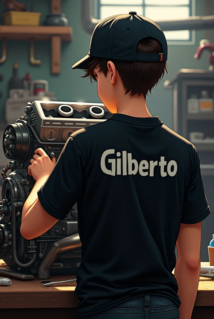 A 1 boy with his back turned, He is a mechanic and is building an engine., On his back he has the name Gilberto on his black shirt. His hair is a little long., but he has a cap