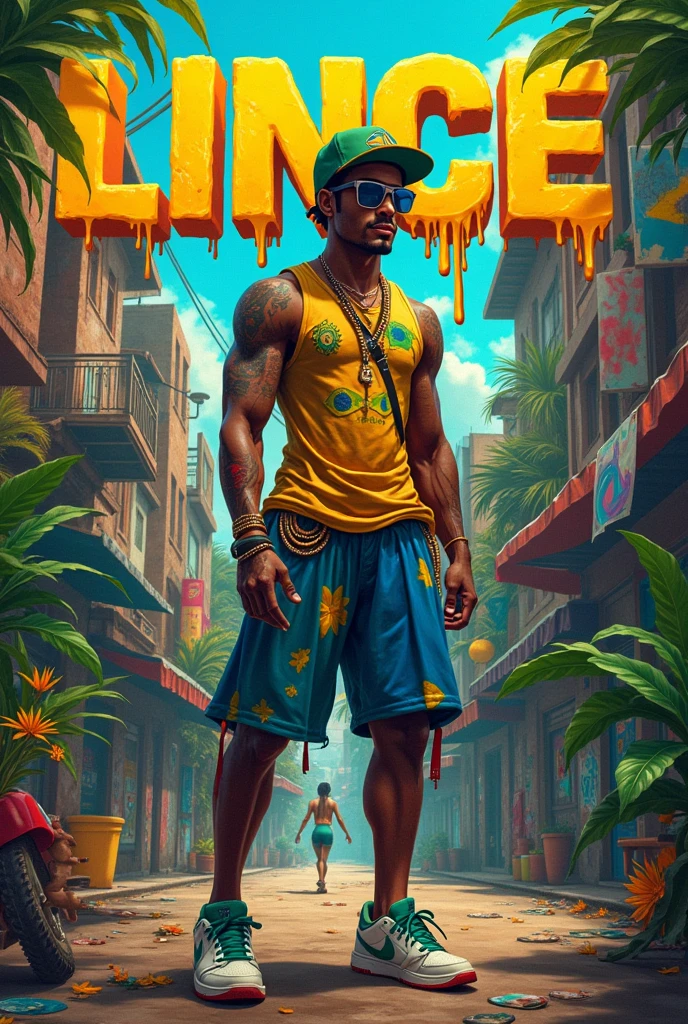 create an image of the Brazilianness of Brazil and its characteristics that contains a writing called LINCE in melted streetwear font