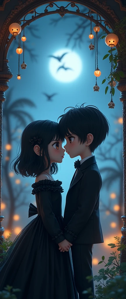 (A straight anime couple: 1.5, Dark Style, big eyes, Small, Spongy black hair), (Dark Gothic, Victorian Gothic Steampunk), dark, dark环境,Decorated with skulls,32K, fairy tale: 1.4, Lens switching: 1.4, ((Dreamy atmosphere, Soft lights and magic:1.3)), ((Imaginative scenes)),((perfect, Meticulous attention to detail.:1.3)), ((panoramic: 1.4)), ((best quality)) , ((masterpiece)), 3d, (Ultra Detailed: 1.3), ((Epic Landscapes: 1.3)), ((night的背景: 1.3 ))), (((night:1.2))), (Reality: 1,4), ((Front camera)),( (Low light night cinema lighting: 1,2)). 32K.