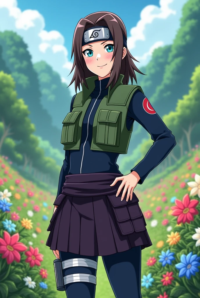 Create the following anime style image: Is a woman, brown hair, long and loose and turquoise blue eyes, His outfit is the uniform of the joūnin of the Naruto universe, that is to say: Dark blue pants, Dark blue sleeves and dark green vest with compartments, a dark purple short skirt over her pants and the ninja headband tied around her neck with the symbol of the leaf village tied around her neck. The girl is standing in a valley full of flowers and smiling happily