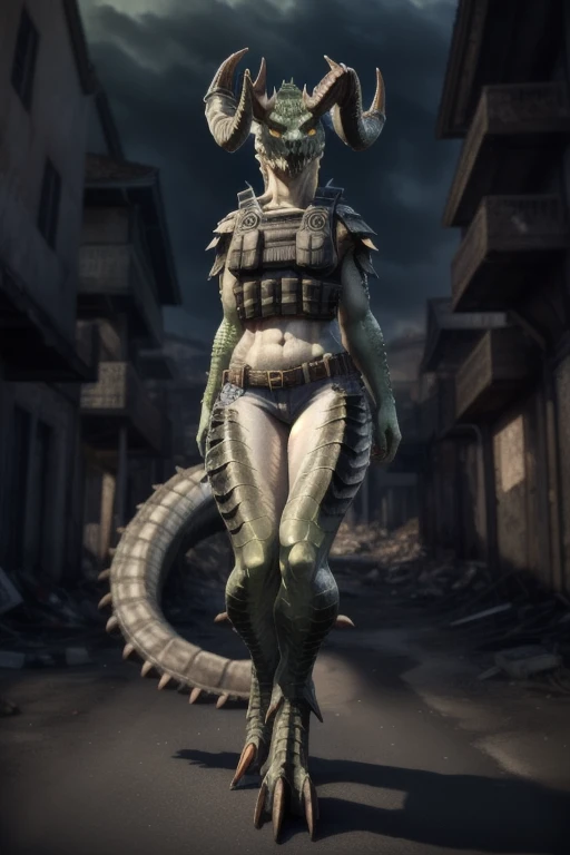 a highly detailed and incredibly realistic anthro deathclaw girl, 1girl, realistic scales, green scaled skin, yellow eyes, black lips, black ram horns, long tail, bulletproof vest, holding rusty gun, ruined city background, looking directly at viewer, photorealistic, 4k, best quality, masterpiece, ultra-detailed, physically-based rendering, vivid colors, HDR