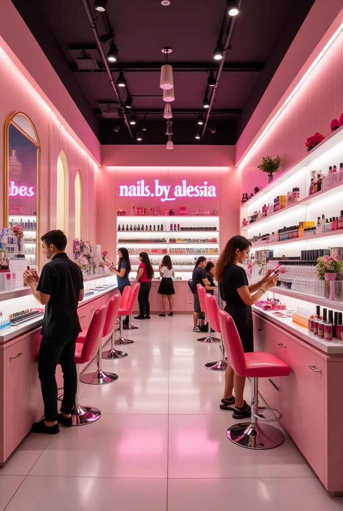 create photos of a nail artist shop displaying nail polish and nail products with the writing "nails.by_alessia", Inside the shop you should see customers waiting and customers having their nails done by other workers