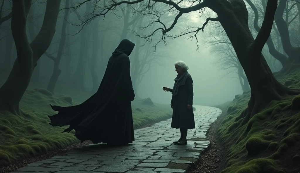 with black hood in a black forest with stone road, meeting an old woman with a sixth in her hand.