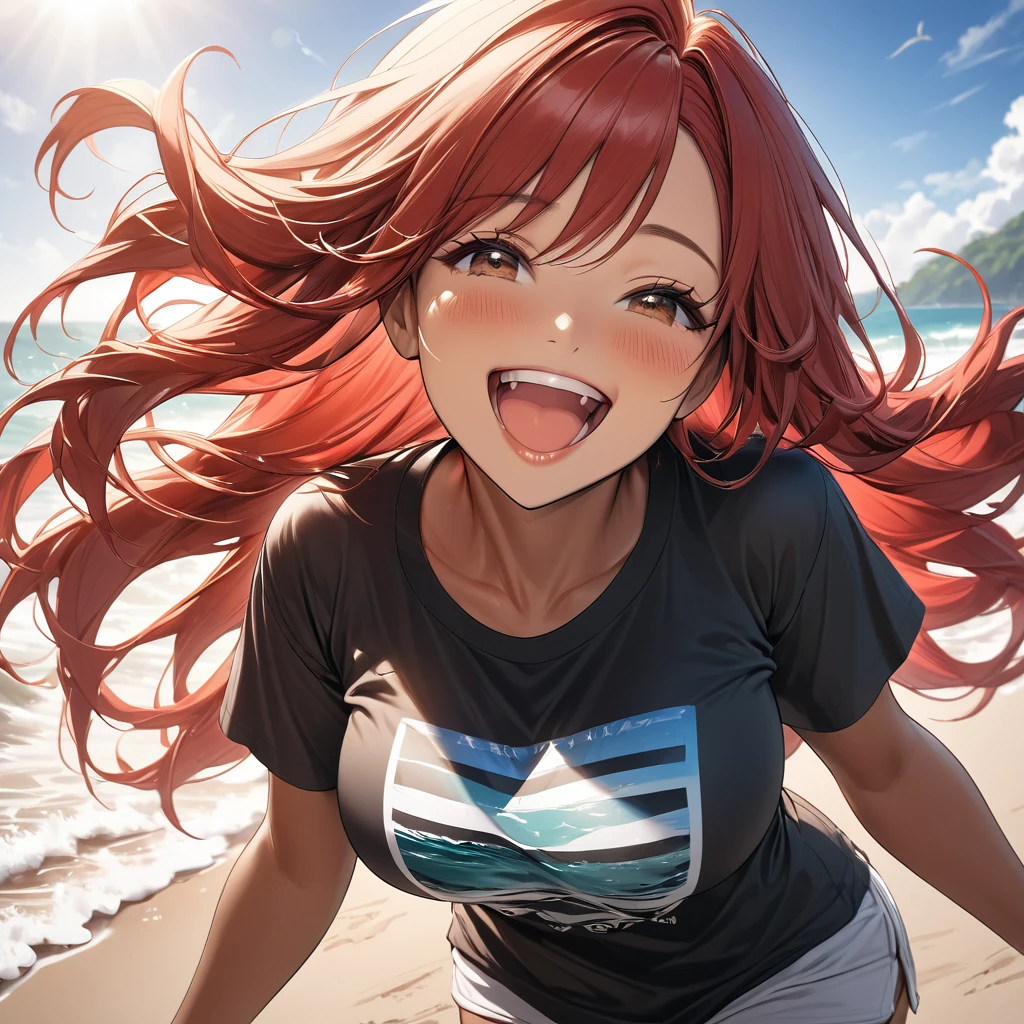 Mature woman　Long Hair　Red hair　Tan Skin　Breast size: D cup　Brown eyes　Playing on the beach　beautiful sea　Proud laugh, Oversized T-shirt　solo, 