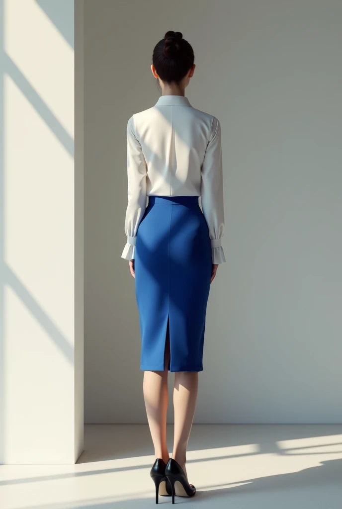 Woman from behind wearing a tight blue skirt and white blouse clasping her hands