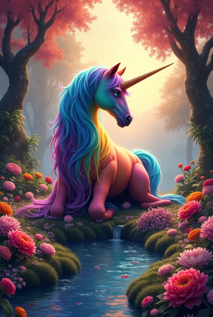 A very colorful and spoiled unicorn with a detailed background in a rainbow garden