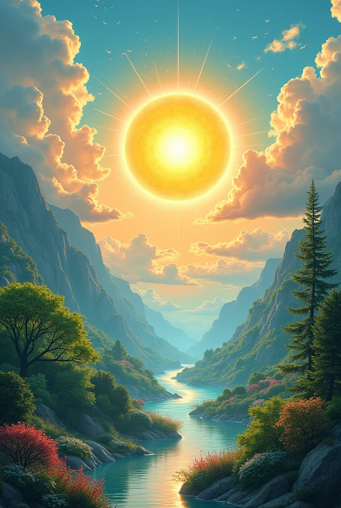 Make an image that is about the environment and how solar energy determines its conditions and that includes in the image the components of the environment represented in some way as a non-large symbol or a picture.