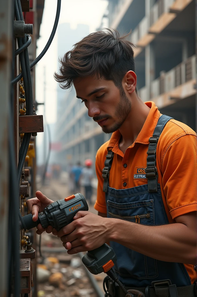 A young man working on construction site electrical wiring with power tool like drill or breaker with Symbol written on his shirt is “KRS electrical”