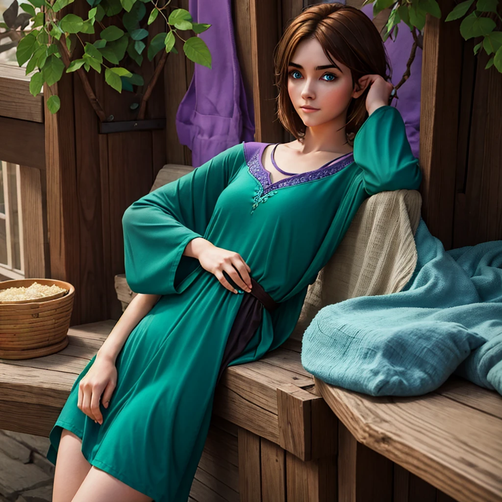 Brown haired girl with bright blue locks, emerald green eyes, dressed in a strong blue tunic on the outside and a dusty lavender tunic on the inside