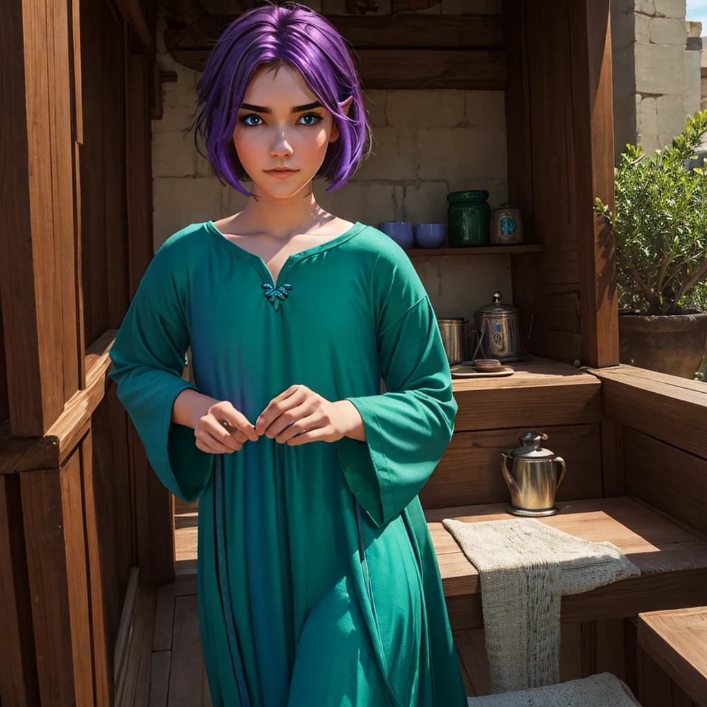 Brown haired girl with bright blue locks, emerald green eyes, dressed in a strong blue tunic on the outside and a dusty lavender tunic on the inside