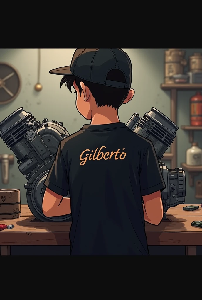 A 1 boy with his back turned, He is a mechanic and is building an engine., On his back he has the name Gilberto on his black shirt. His hair is a little long., but he has a cap