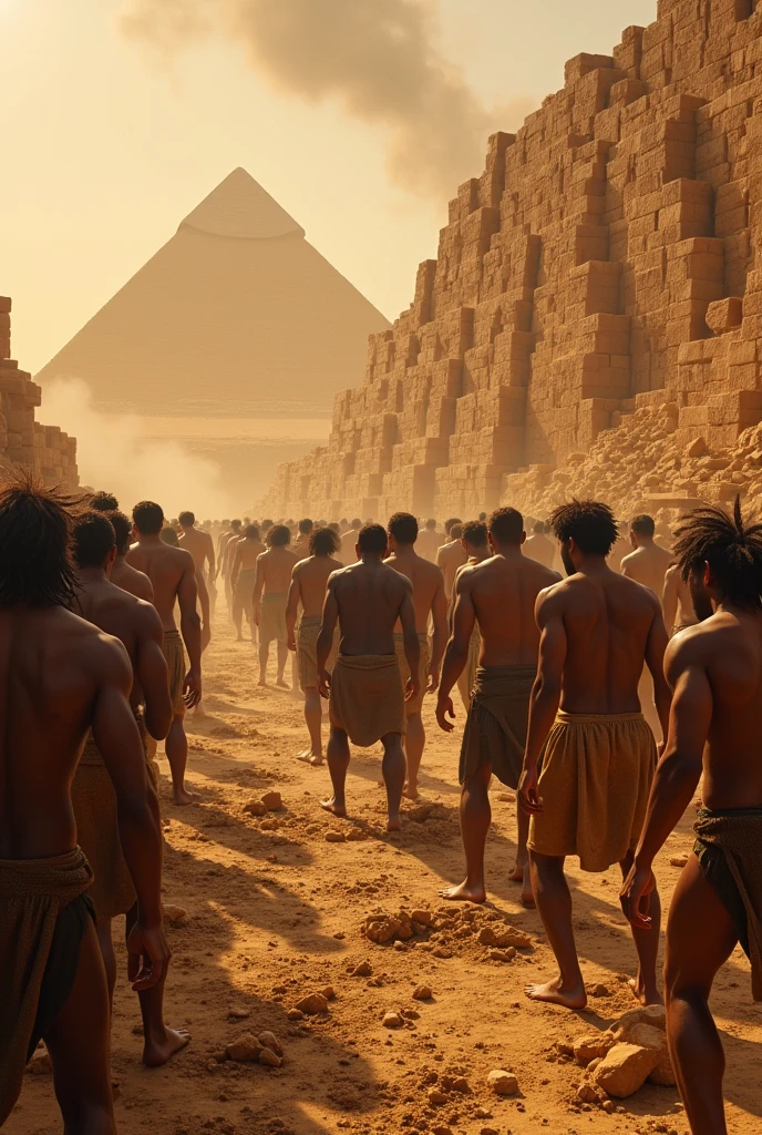 Make a picture of the Egyptian slaves melting the soil using large fires and turning it into large bricks for the Egyptian pyramids.
