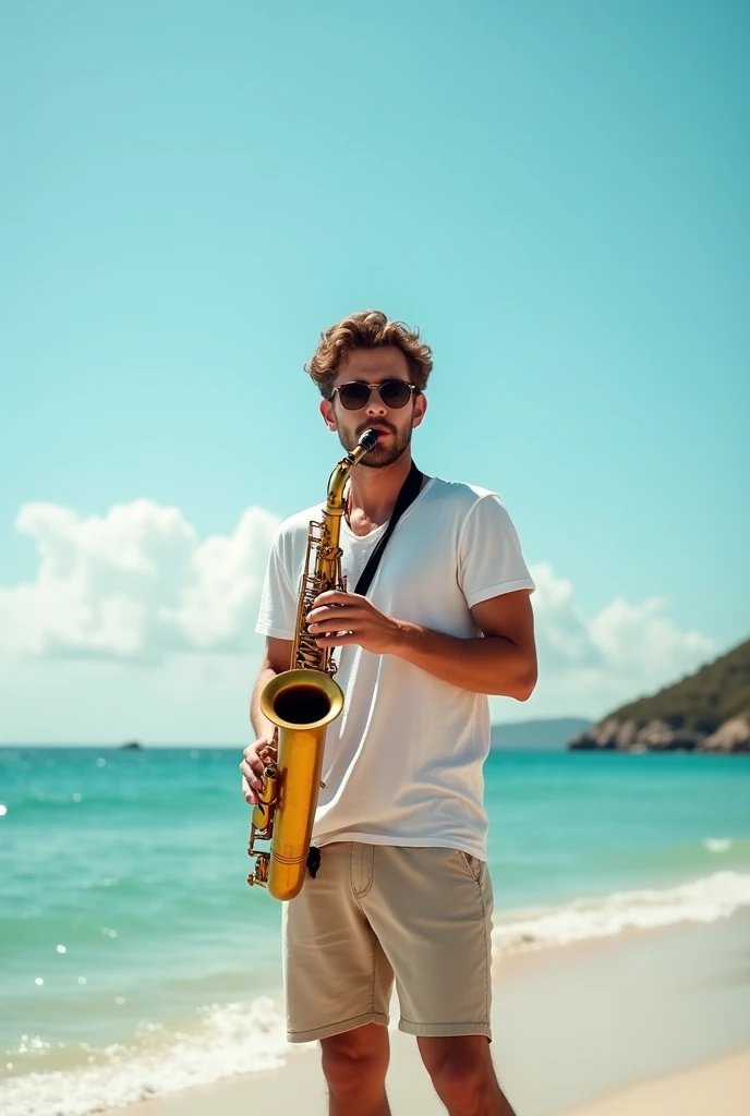 A guy in shorts and sunglasses plays the saxophone on the seashore. He looks at the camera