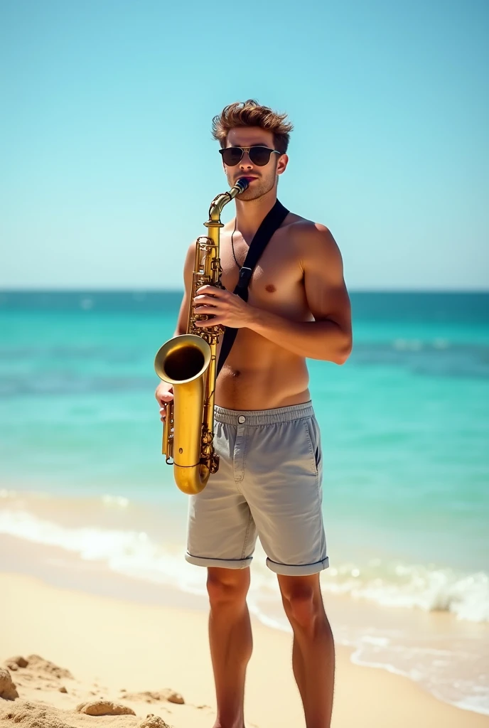 A guy in shorts and sunglasses plays the saxophone on the seashore. He looks at the camera