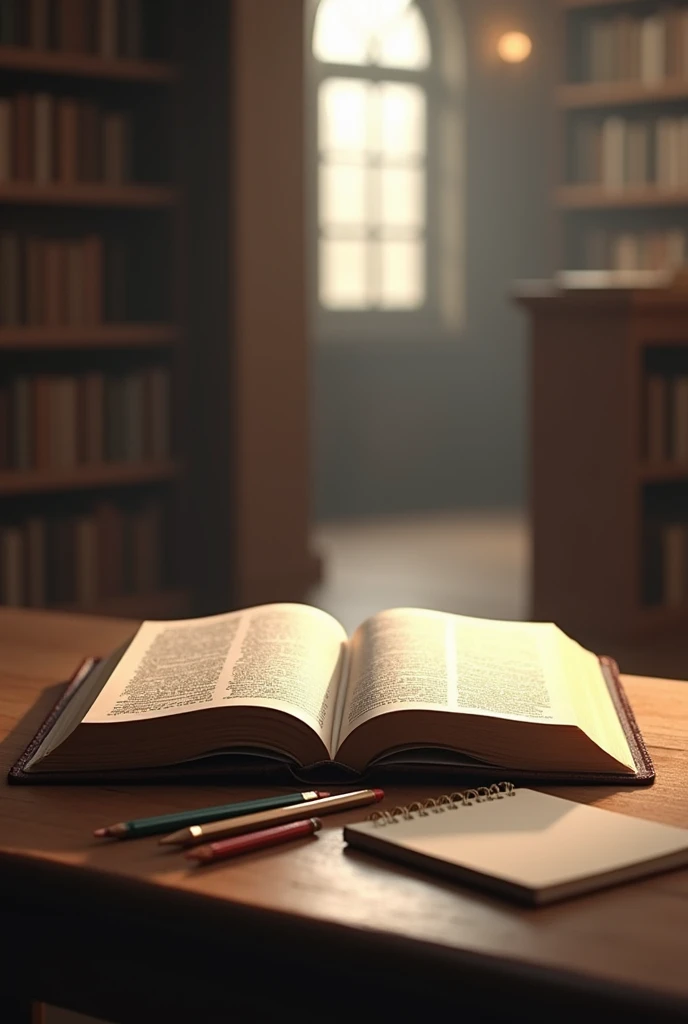 Open bible on table with pencils and notebook in a library