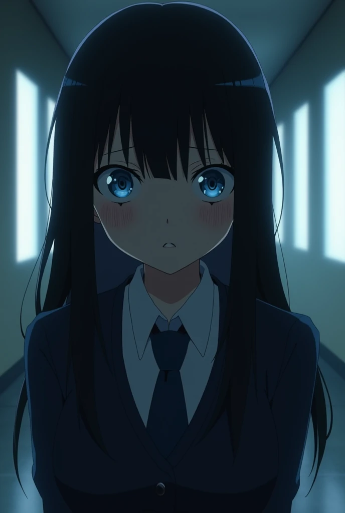 Screenshot of my hero academia Black straight hair girl with bangs, He has light blue eyes and has a cold and evil expression., He is wearing the UA uniform