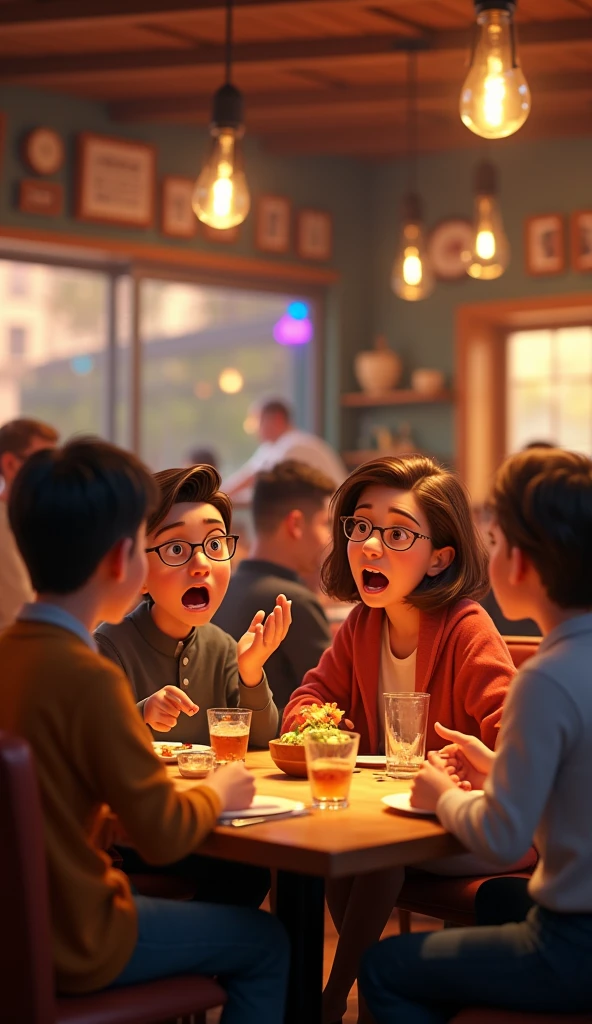 A surprised people at a restaurant, pixar style, cinematic, masterpiece, high-aesthetic