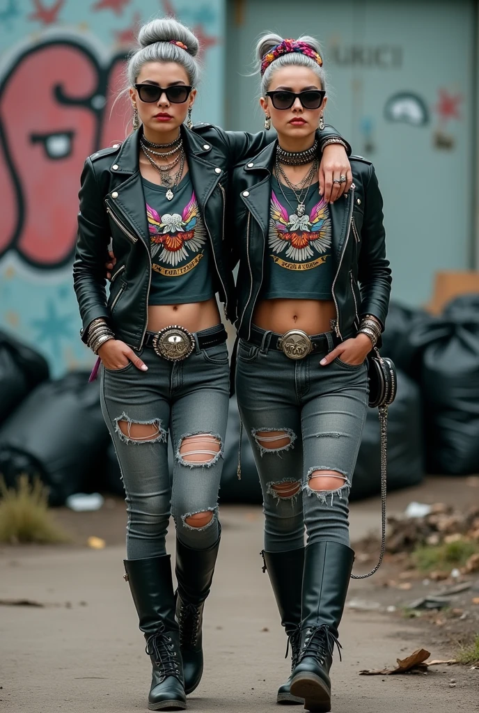 Two russian milf women,  one with the arm over the shoulder of the other. grey hair (one: bouffant, top bun. The other, straight and middle part}and one wearing oversized square sunglasses and wide  colourful bandana as headband), with very light green eyes, extremely pale. Big lips. No tan. Wearing aged black moto jacket (zippers on the side, skull and bones pins).  Both: same old worn cropped t-shirt with spread wings eagle holding a oak leaves garlandlogo. Both,, dark skinny low rise grey jeans with holes on knees ( patched with colourful fabric). Both:,  dark grey worn jeans {with holes on knees) tucked in black leather knee high boots. . Lots of thick wide studded bracelets, chain collars and big rings. Both, high boots. Tacky wide studded leather belt with big skull and bones oval buckle. Long earrings with chains and feathers. Walking with hands in pockets, stretching her neck, craving., Neck, chest, stomach and wrists heavily tattoed. Toned abdominals, thin neck, slim legs and thin arms. Narrow hips and slim legs.  Black leather studded tote bags. Graffitied wall behind, waste on the groun and piled garbage bags around.